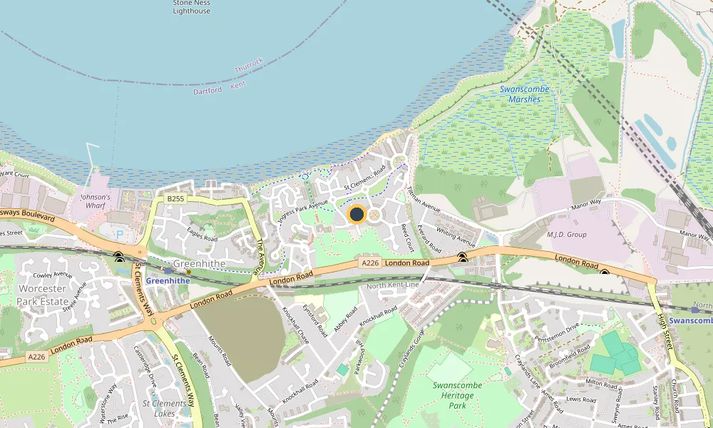 Street map of Greenhithe by the Thames, with a pin at the centre of the DA9 9FY postcode near Ingress Park